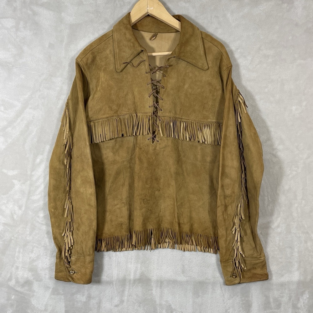 Vintage 1940s Leather Jacket Mens 40 USA Union Made Western Pullover Cowboy Lace